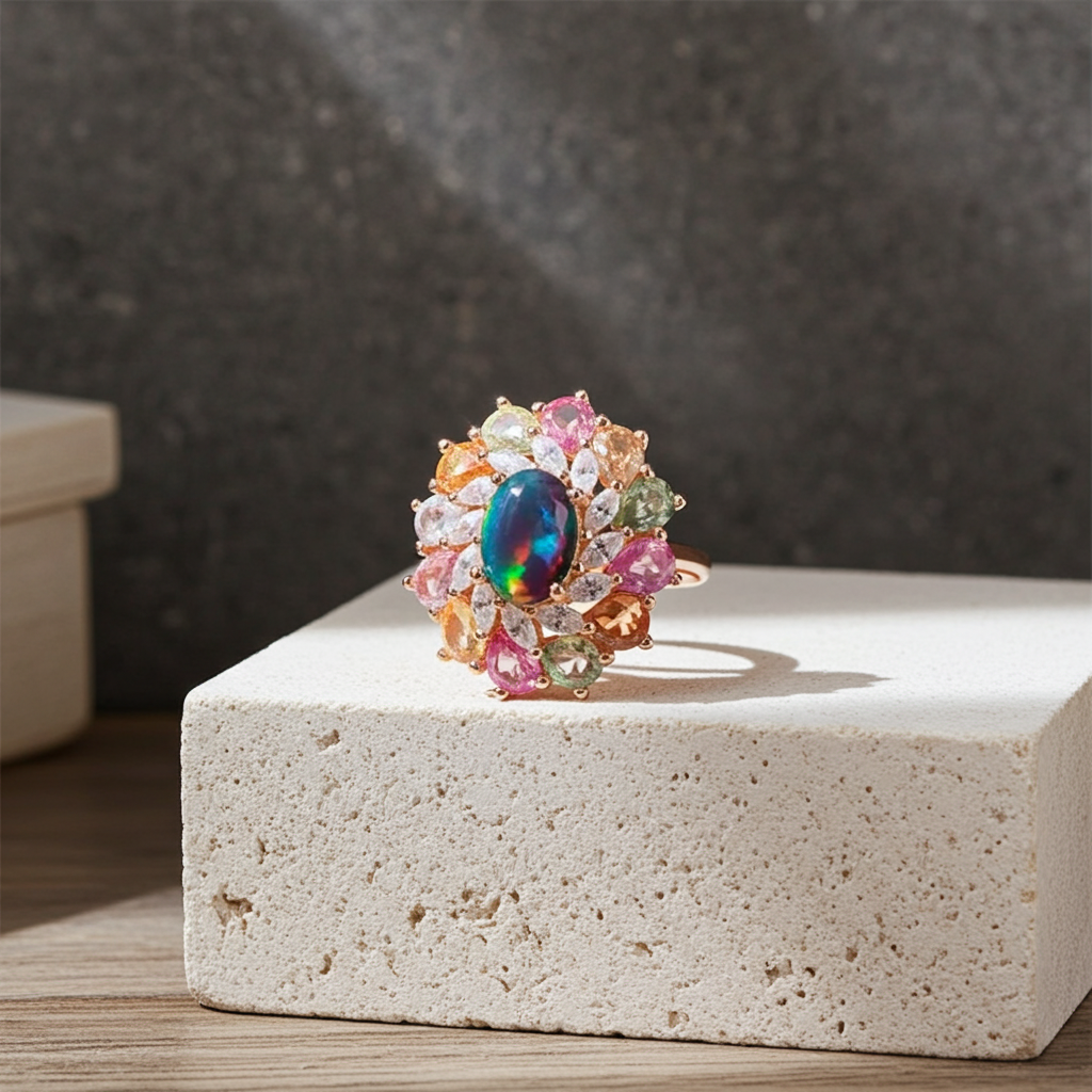 Black Fire Opal and Sapphire Cluster Statement Ring 925 Sterling Silver