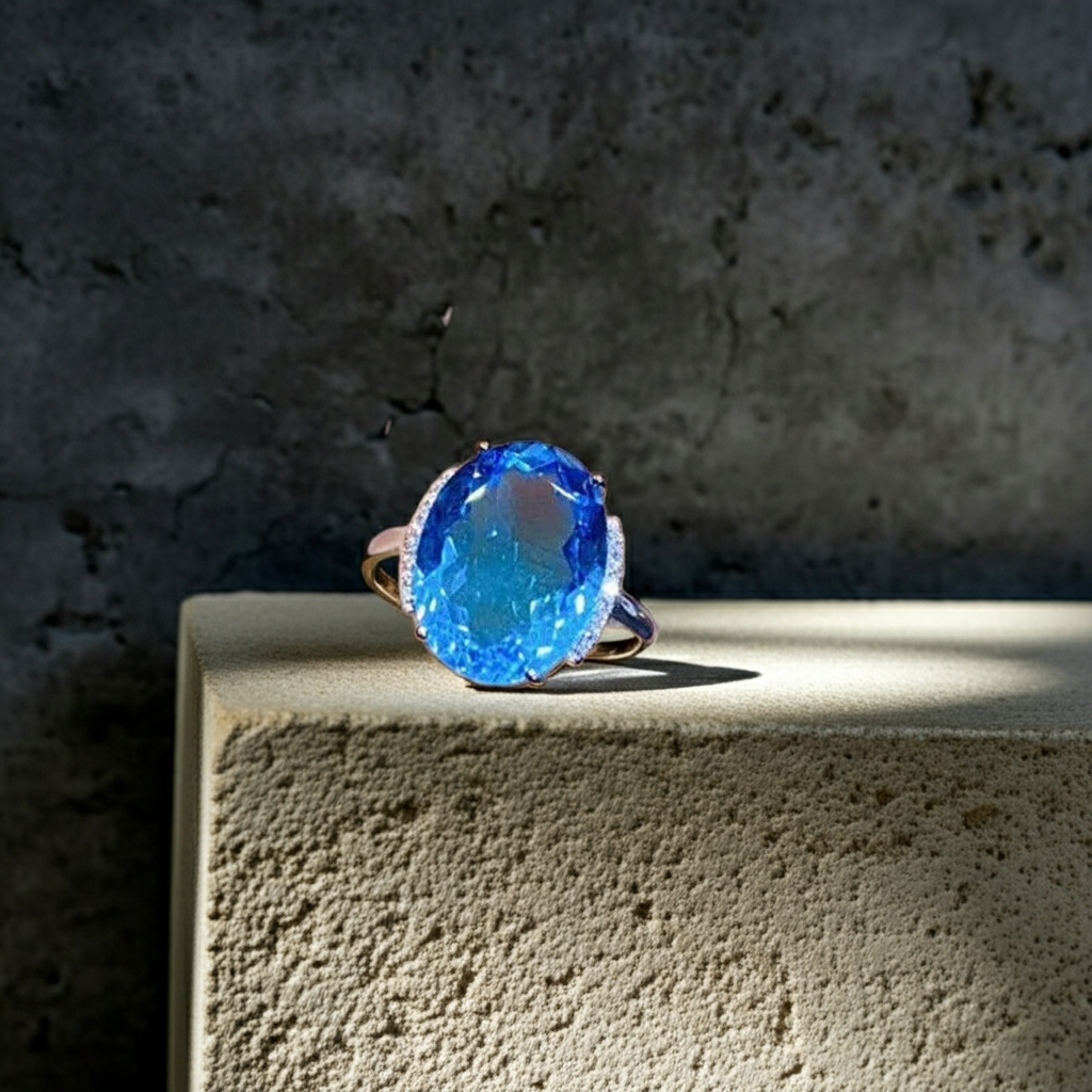 Bright Blue Swiss Topaz Gemstone Ring 12x18mm Oval Cut