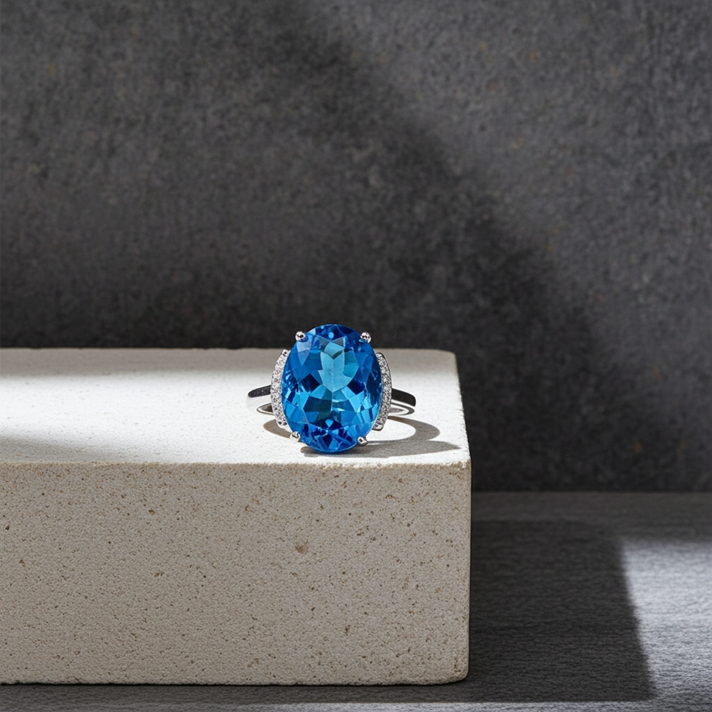 Bright Blue Swiss Topaz Gemstone Ring 12x18mm Oval Cut