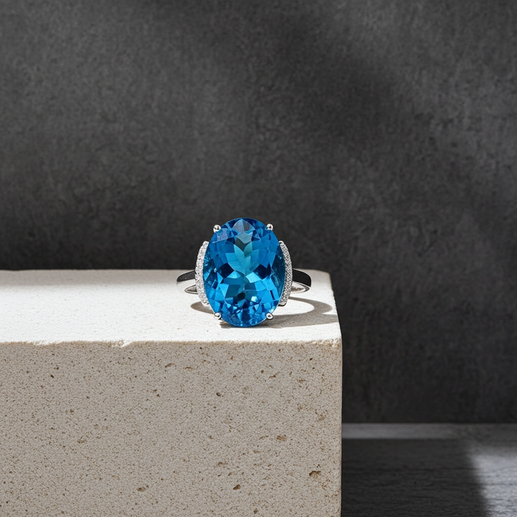 Bright Blue Swiss Topaz Gemstone Ring 12x18mm Oval Cut