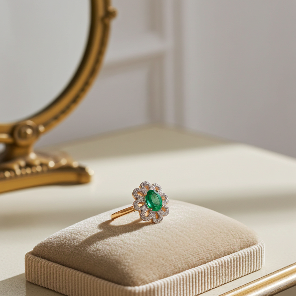 Natural Emerald Ring, Emerald Flower Ring Sterling Silver 4x6mm, Genuine Emerald