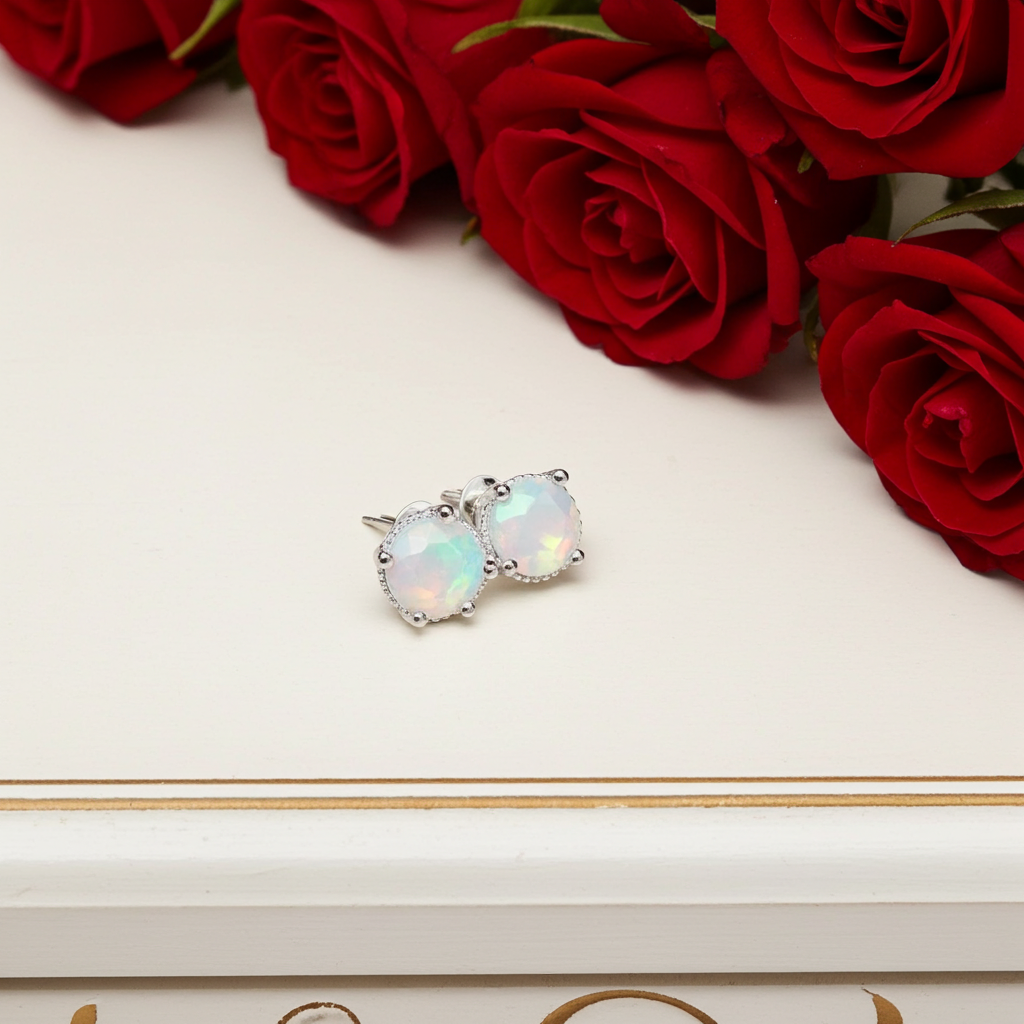 Faceted White Opal Stud Earrings 5mm 925 Sterling Silver