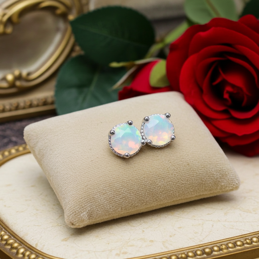 Faceted White Opal Stud Earrings 5mm 925 Sterling Silver