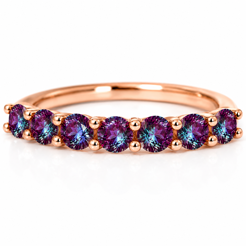 Side view of 3mm lab alexandrite color changing gemstone band ring in 925 sterling silver