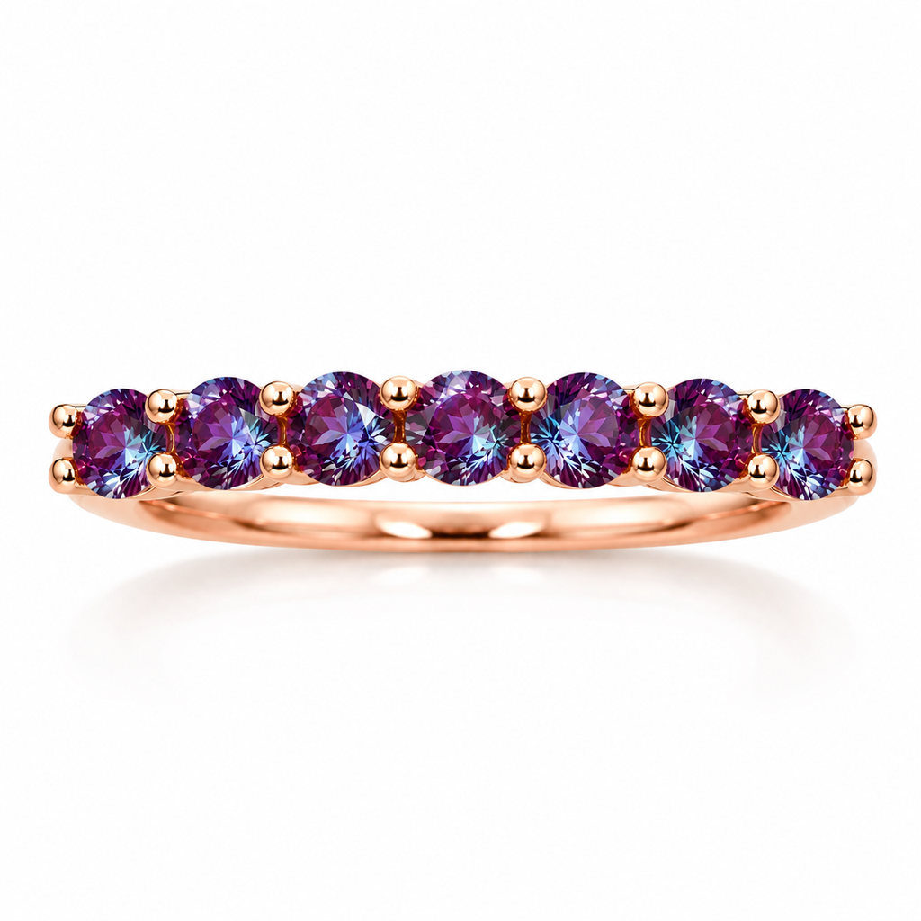 3mm lab alexandrite color changing band ring with seven round gemstones in rose gold plated 925 sterling silver