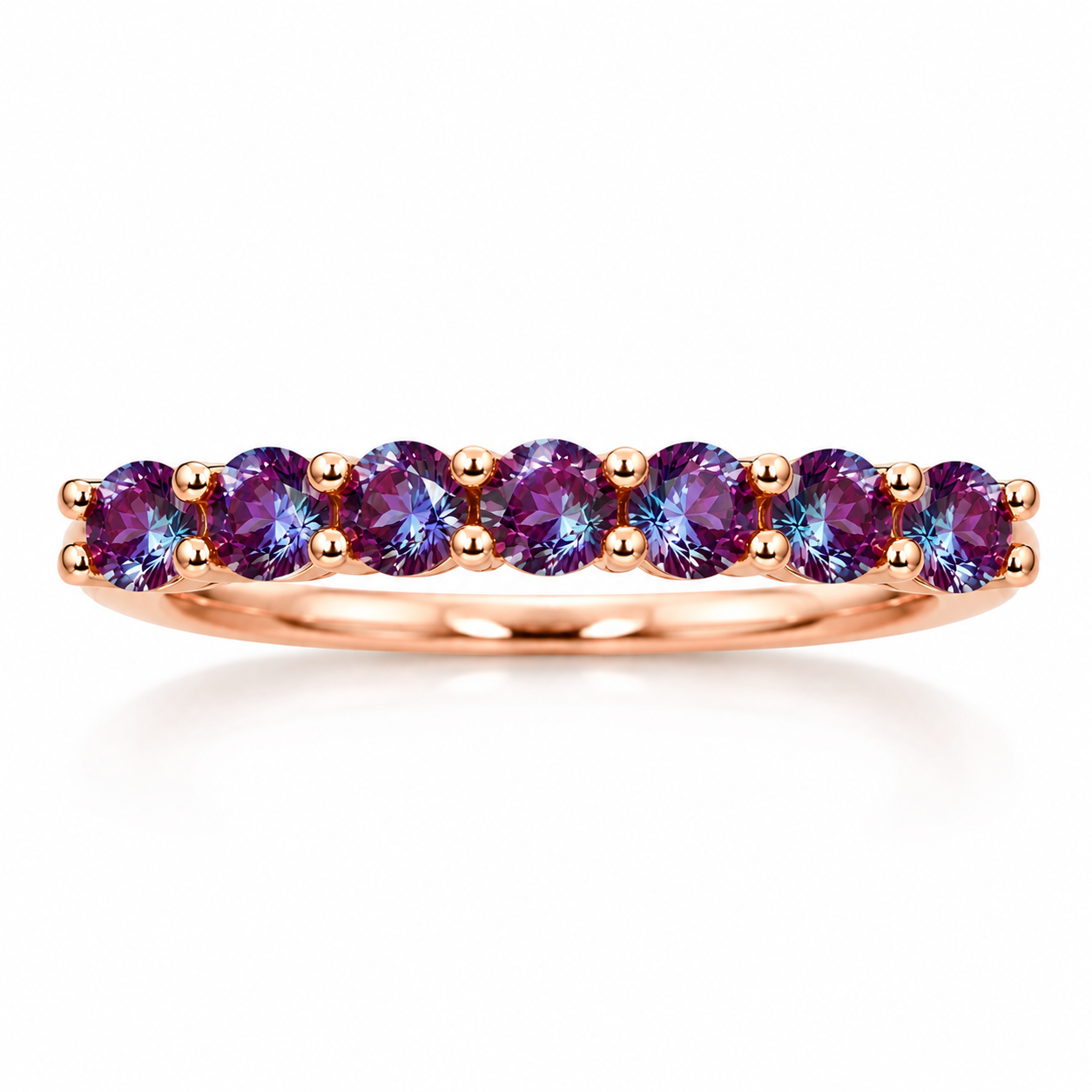 3mm lab alexandrite color changing band ring with seven round gemstones in rose gold plated 925 sterling silver