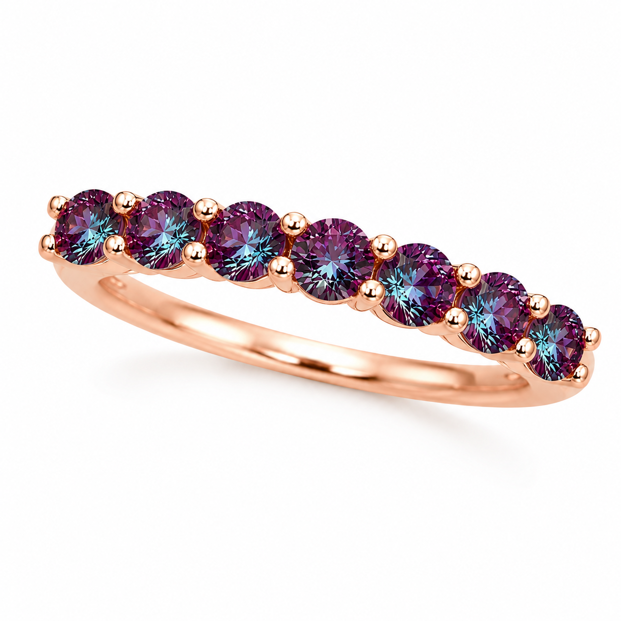 Lab created alexandrite band ring featuring seven 3mm round color changing gemstones in 925 sterling silver