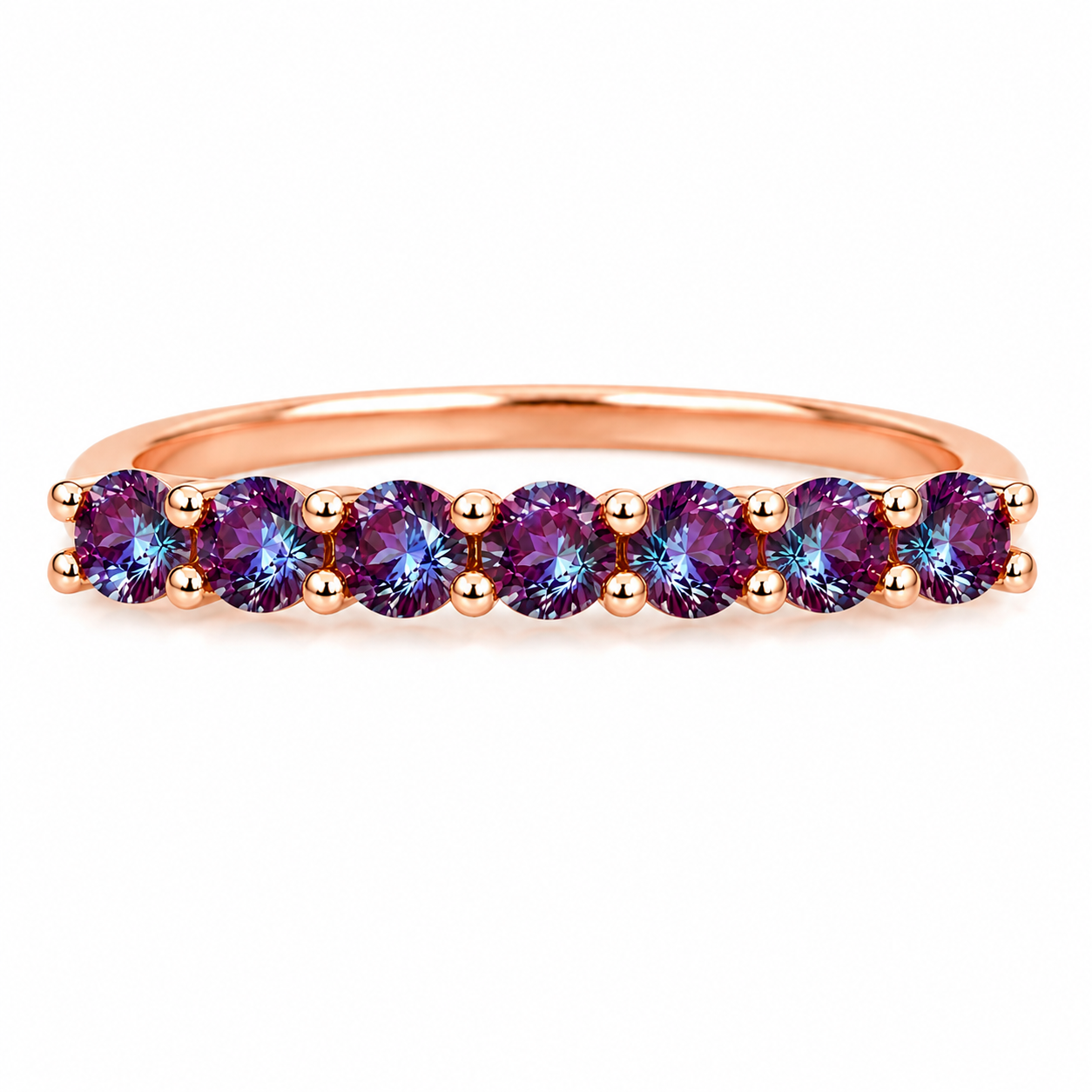 Seven stone 3mm lab alexandrite ring with purple blue color changing gemstones and rose gold plated band