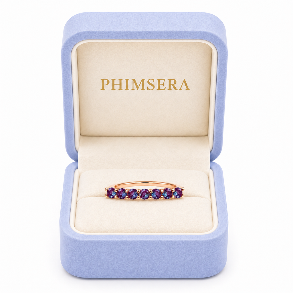 Phimsera 3mm lab alexandrite color changing band ring presented in a luxury jewelry box