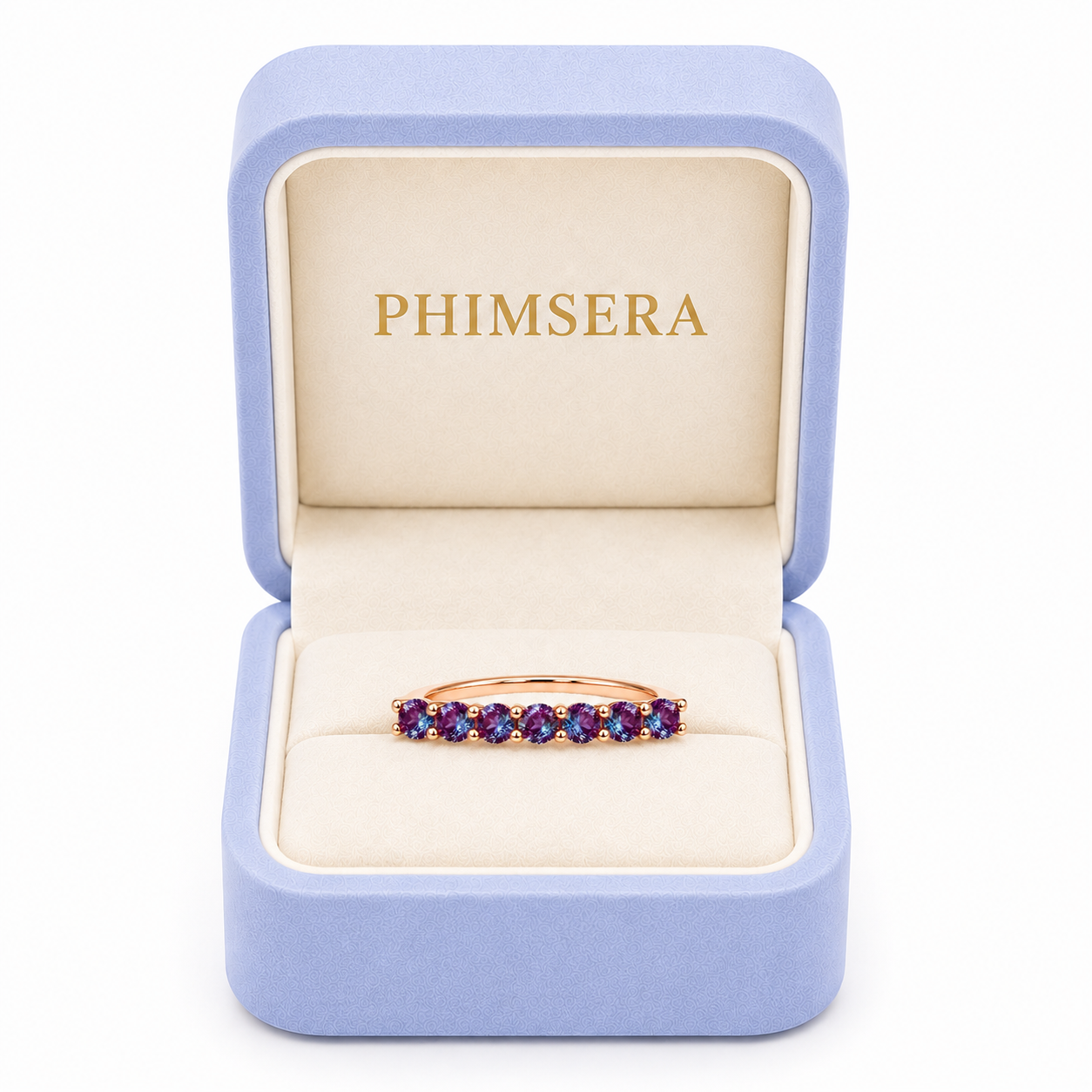 Phimsera 3mm lab alexandrite color changing band ring presented in a luxury jewelry box