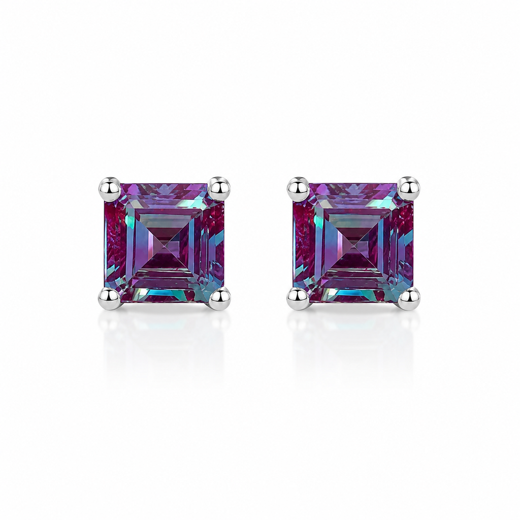6mm Asscher cut lab alexandrite stud earrings in 925 sterling silver on a white background