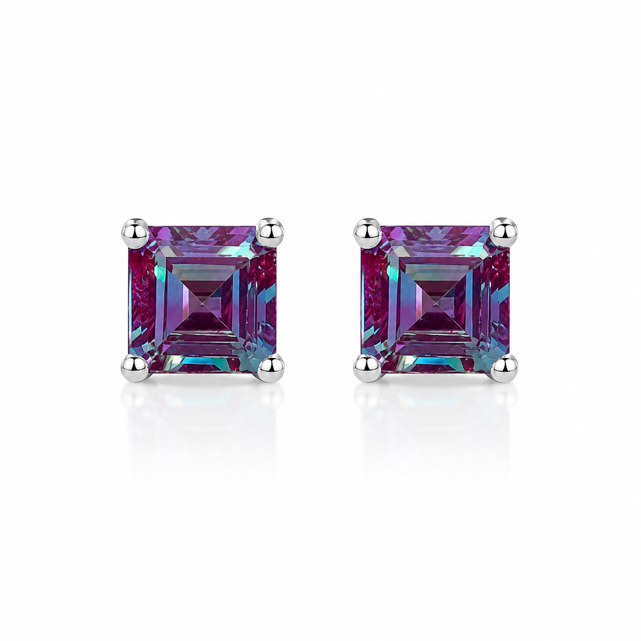 6mm Asscher cut lab alexandrite stud earrings in 925 sterling silver on a white background