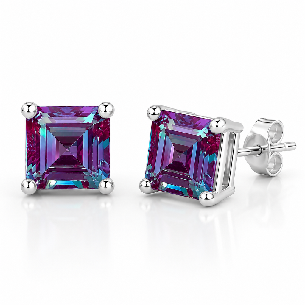 6mm square Asscher cut lab alexandrite earrings showing the four-prong sterling silver setting