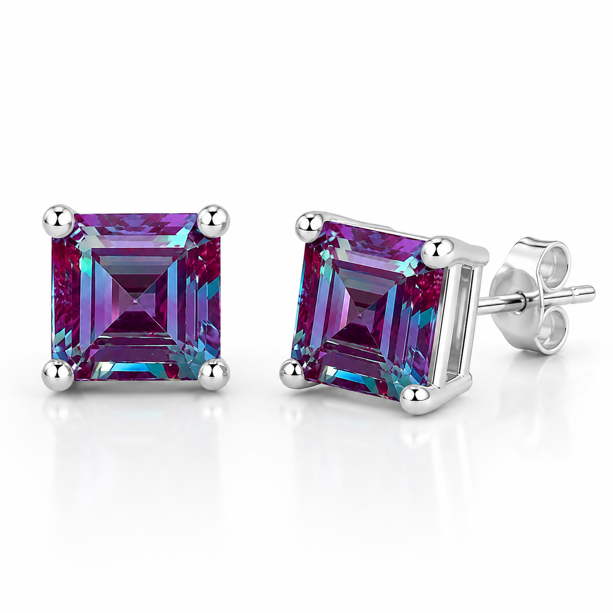6mm square Asscher cut lab alexandrite earrings showing the four-prong sterling silver setting