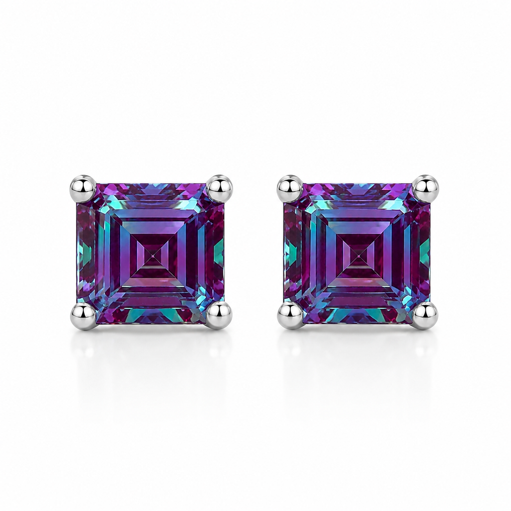 Top view of 6mm Asscher cut lab alexandrite stud earrings with purple and blue-green color flashes