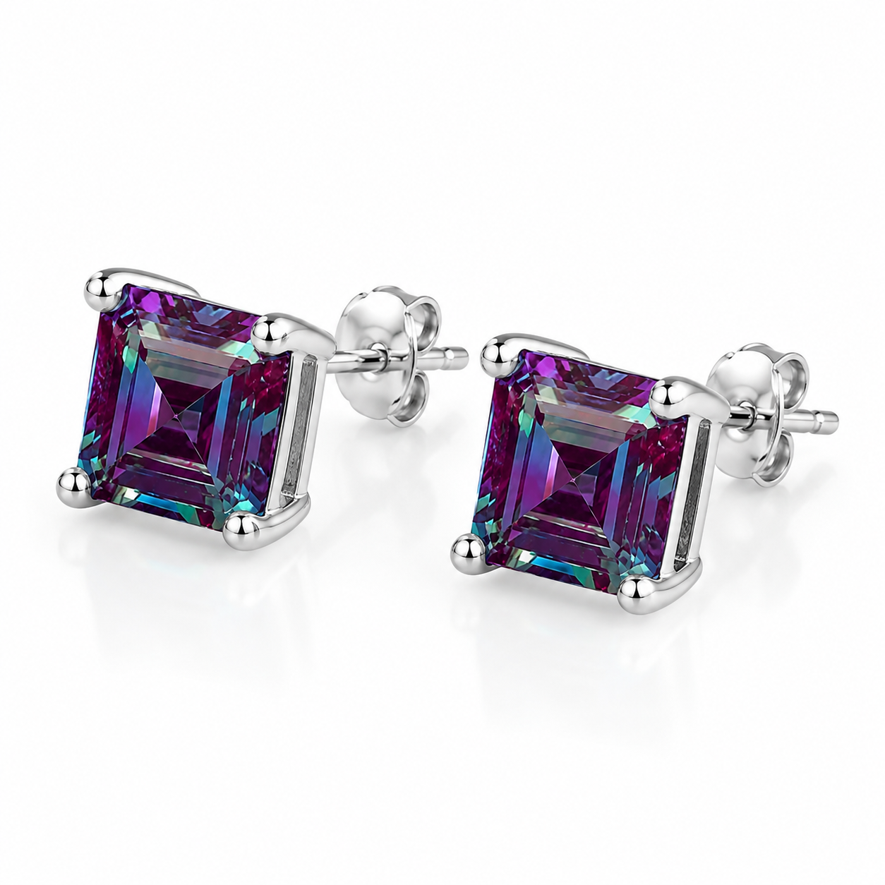 Side angle of 6mm Asscher cut lab alexandrite stud earrings in 925 sterling silver