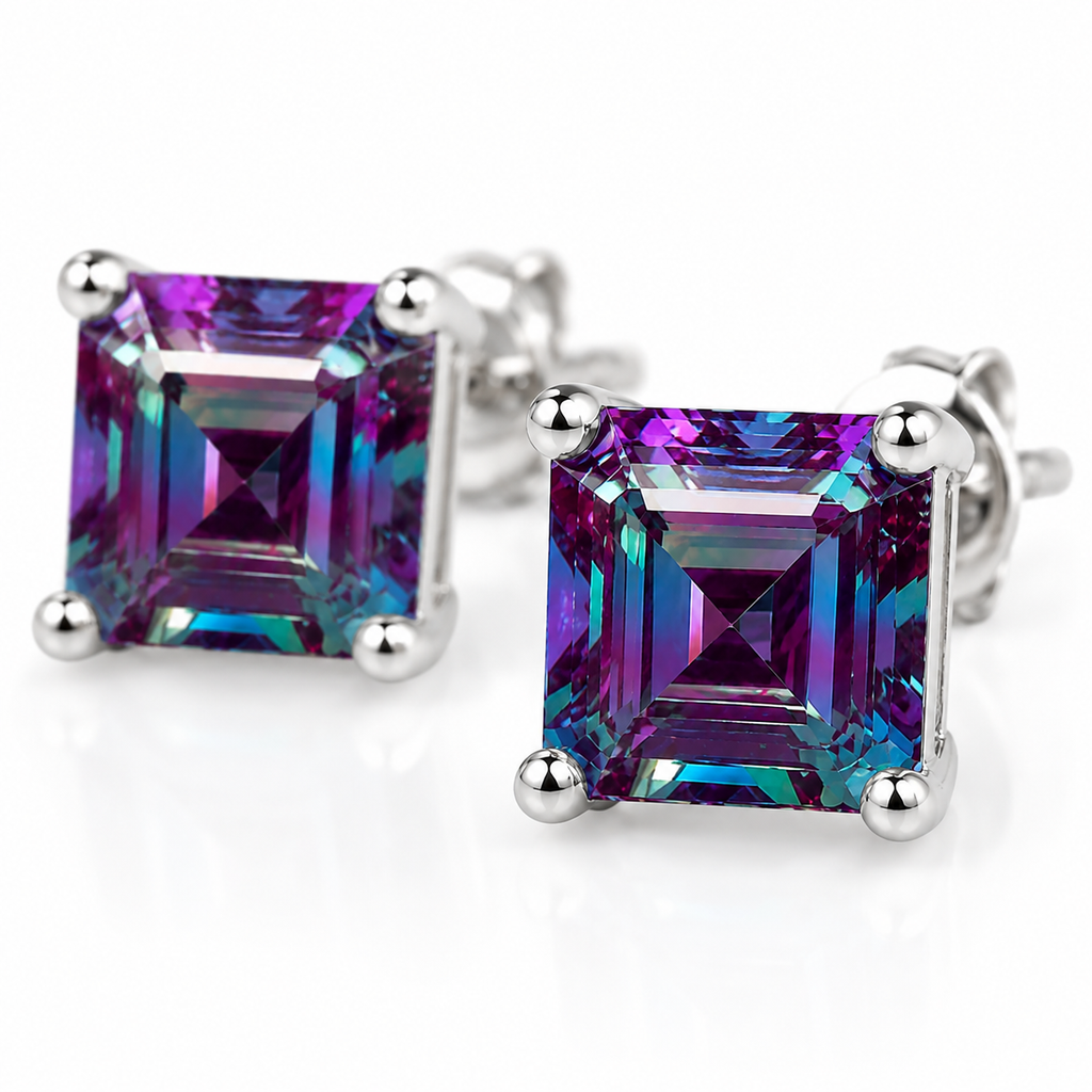 Close-up macro view of 6mm Asscher cut lab alexandrite earrings showing detailed gemstone facets