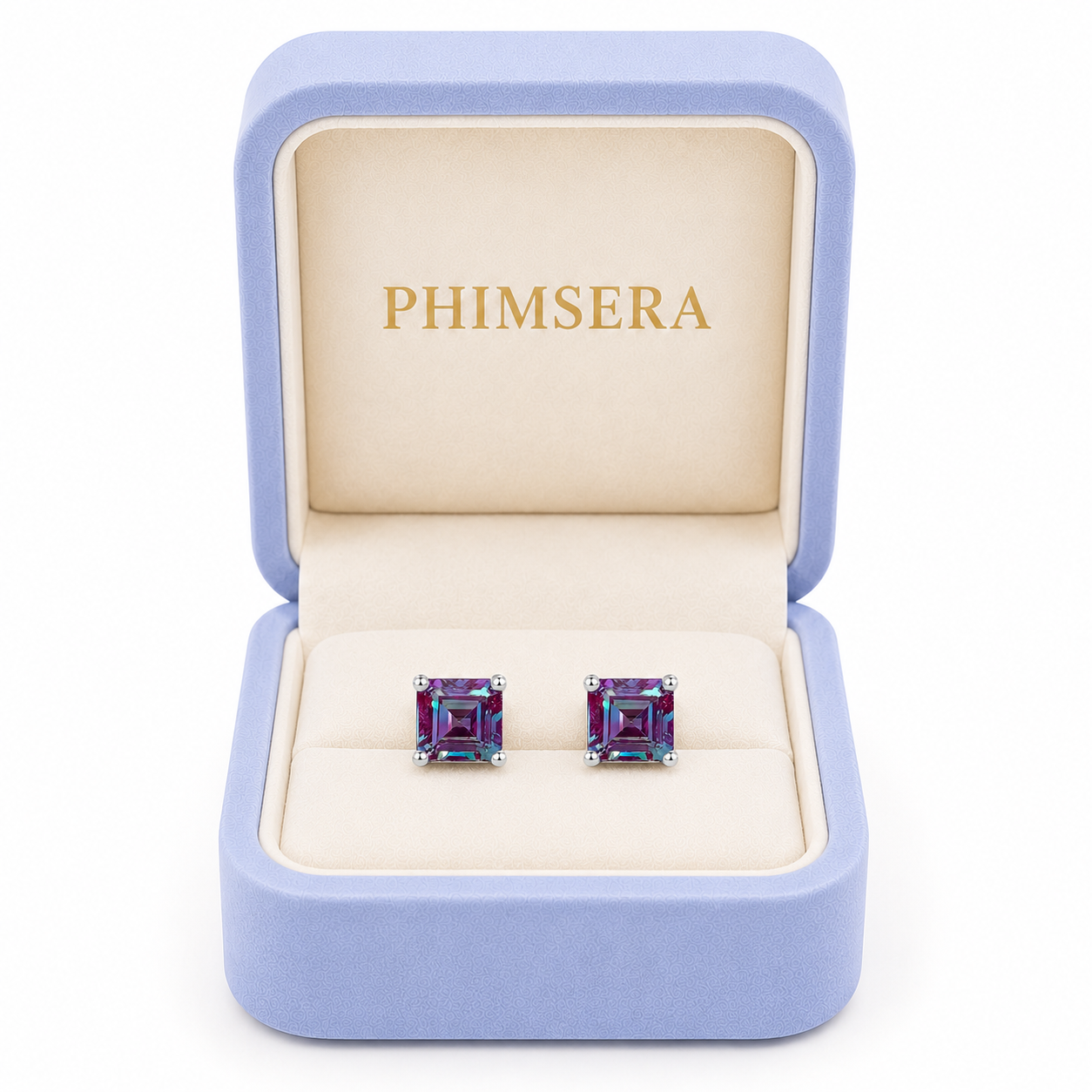 6mm Asscher cut lab alexandrite stud earrings presented in a Phimsera jewelry box