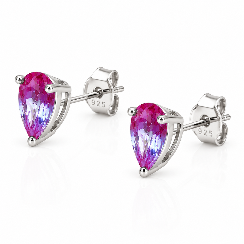 Side view of 4x6mm pear cut lab created alexandrite stud earrings showing silver prong setting