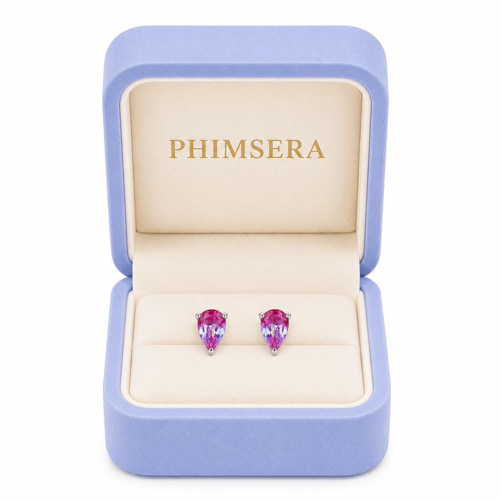4x6mm pear cut lab created alexandrite stud earrings presented in a Phimsera jewelry gift box