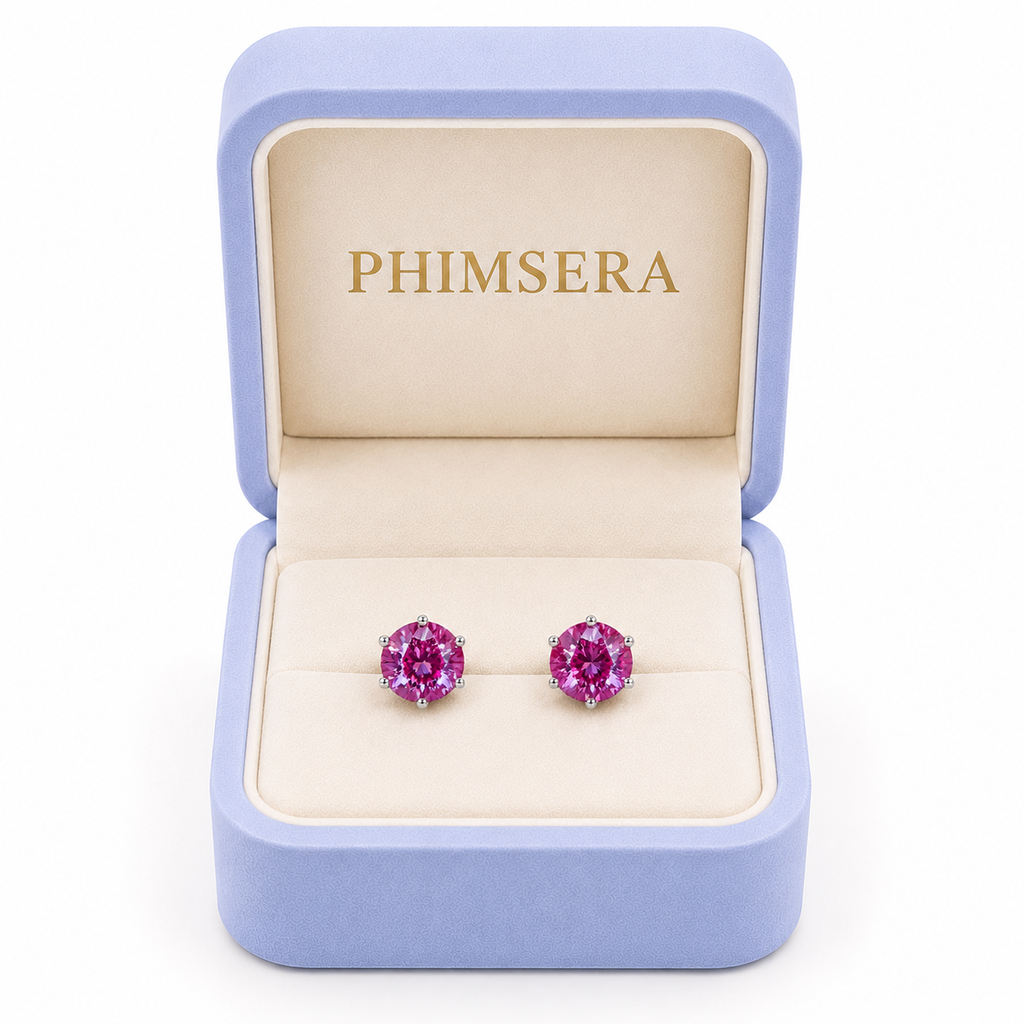 Phimsera 6mm lab created alexandrite heart earrings presented in luxury jewelry box