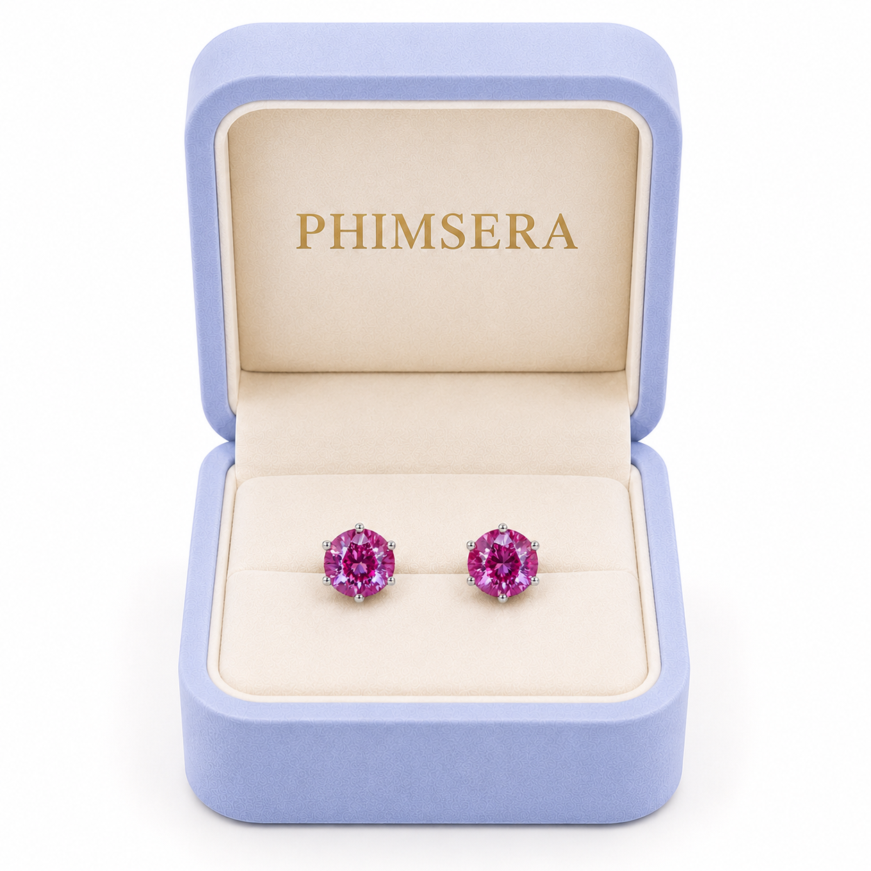 Phimsera 6mm lab created alexandrite heart earrings presented in luxury jewelry box