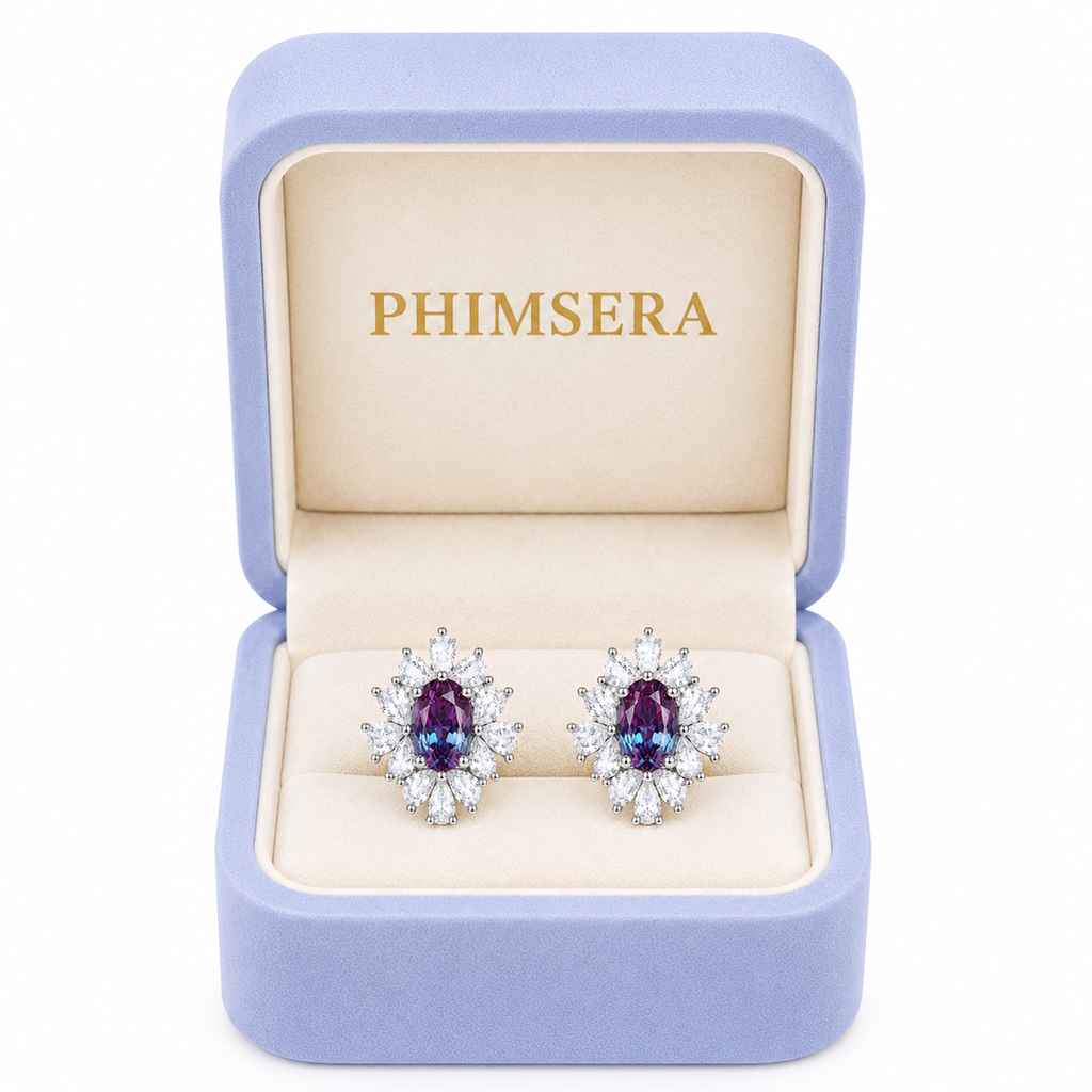 4x6mm oval lab alexandrite floral stud earrings presented in a Phimsera jewelry box