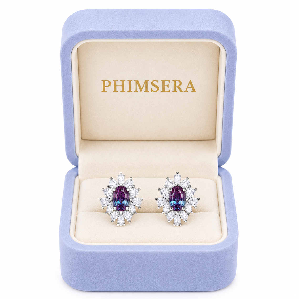 4x6mm oval lab alexandrite floral stud earrings presented in a Phimsera jewelry box