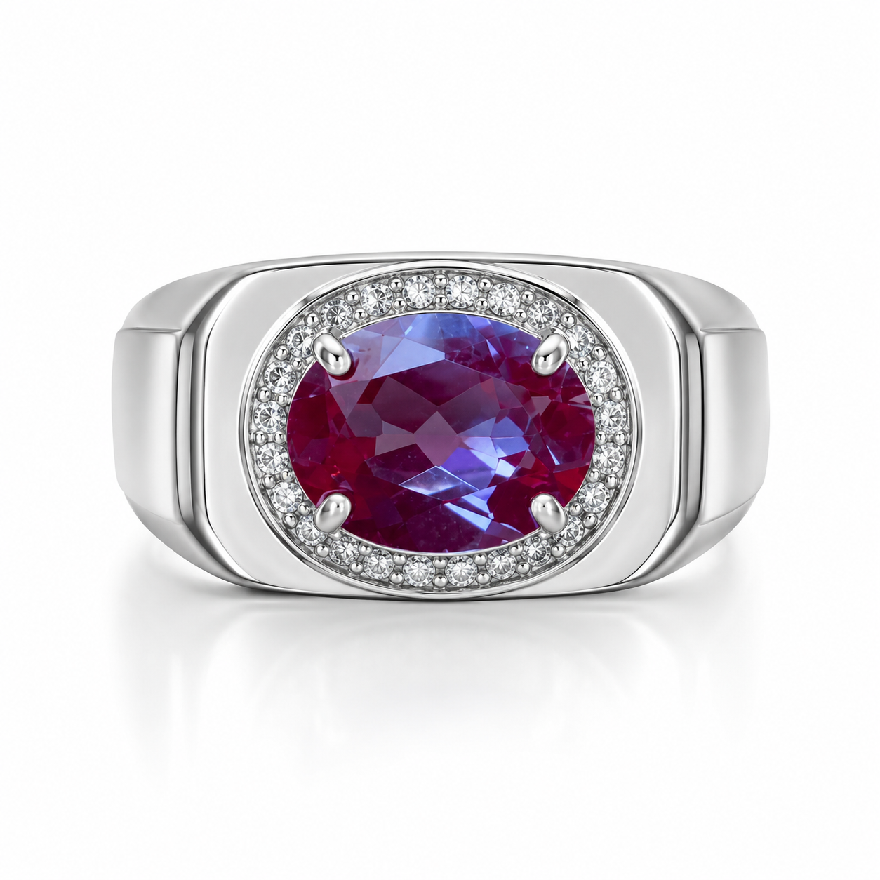 Men's 7x9mm lab alexandrite ring with color changing oval gemstone in 925 sterling silver on white background