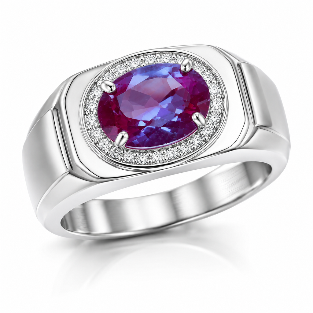 Men's lab alexandrite gemstone ring 7x9mm oval color changing center stone 925 sterling silver