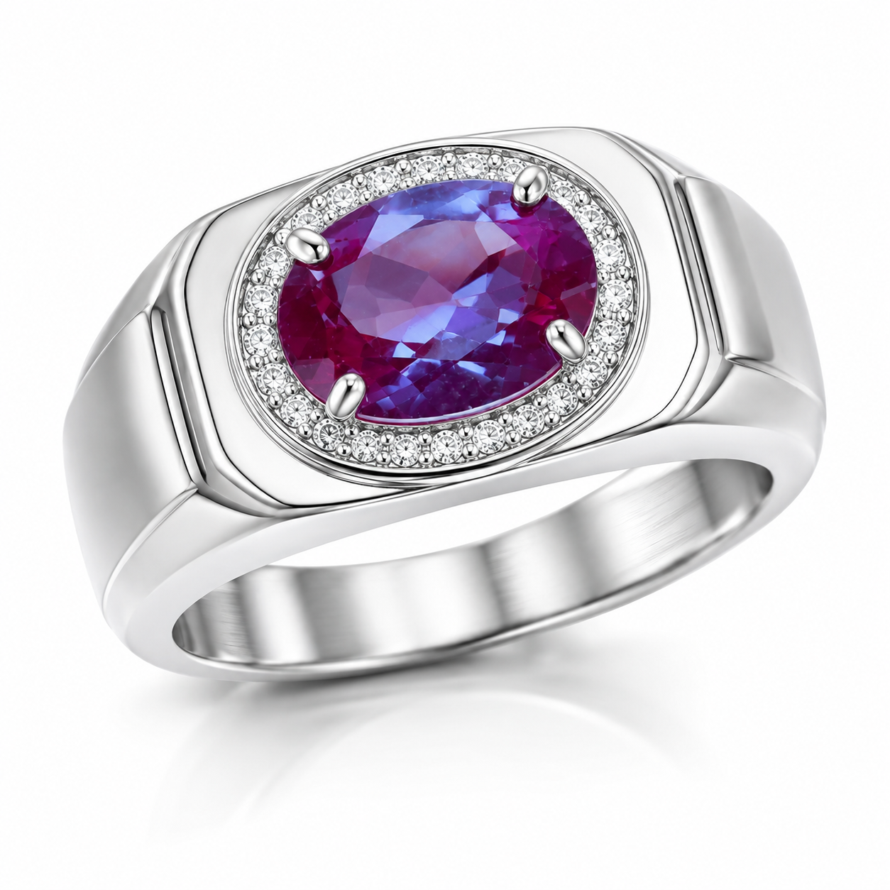 Men's lab alexandrite gemstone ring 7x9mm oval color changing center stone 925 sterling silver