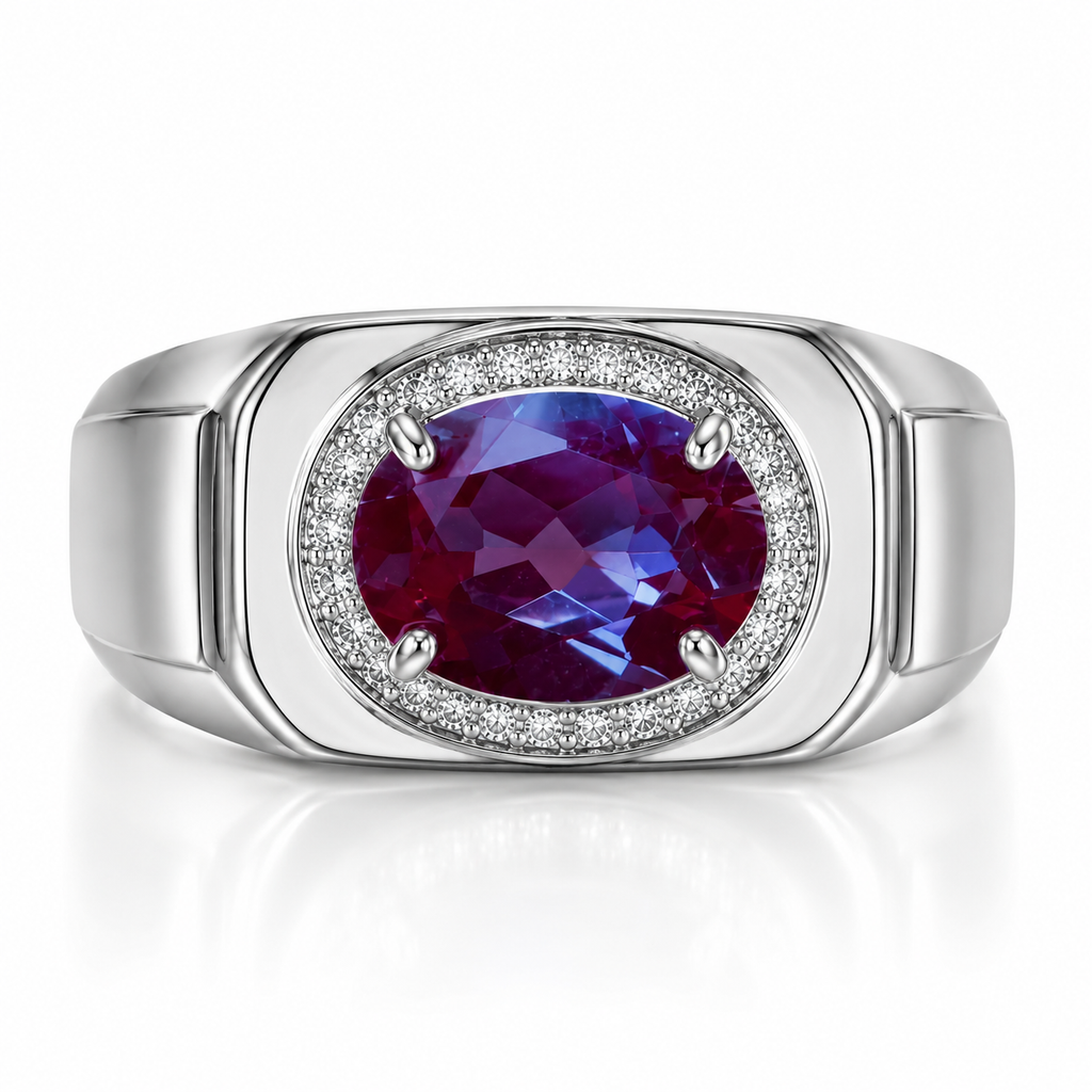 7x9mm men's lab alexandrite ring oval color changing gemstone detailed front view