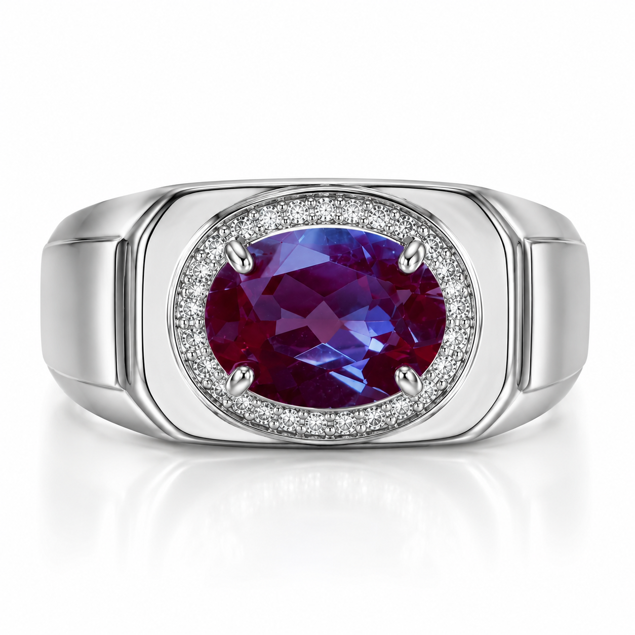 7x9mm men's lab alexandrite ring oval color changing gemstone detailed front view