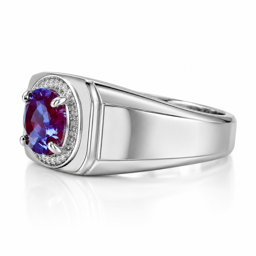 Men's 7x9mm color changing lab alexandrite statement ring side angle in sterling silver