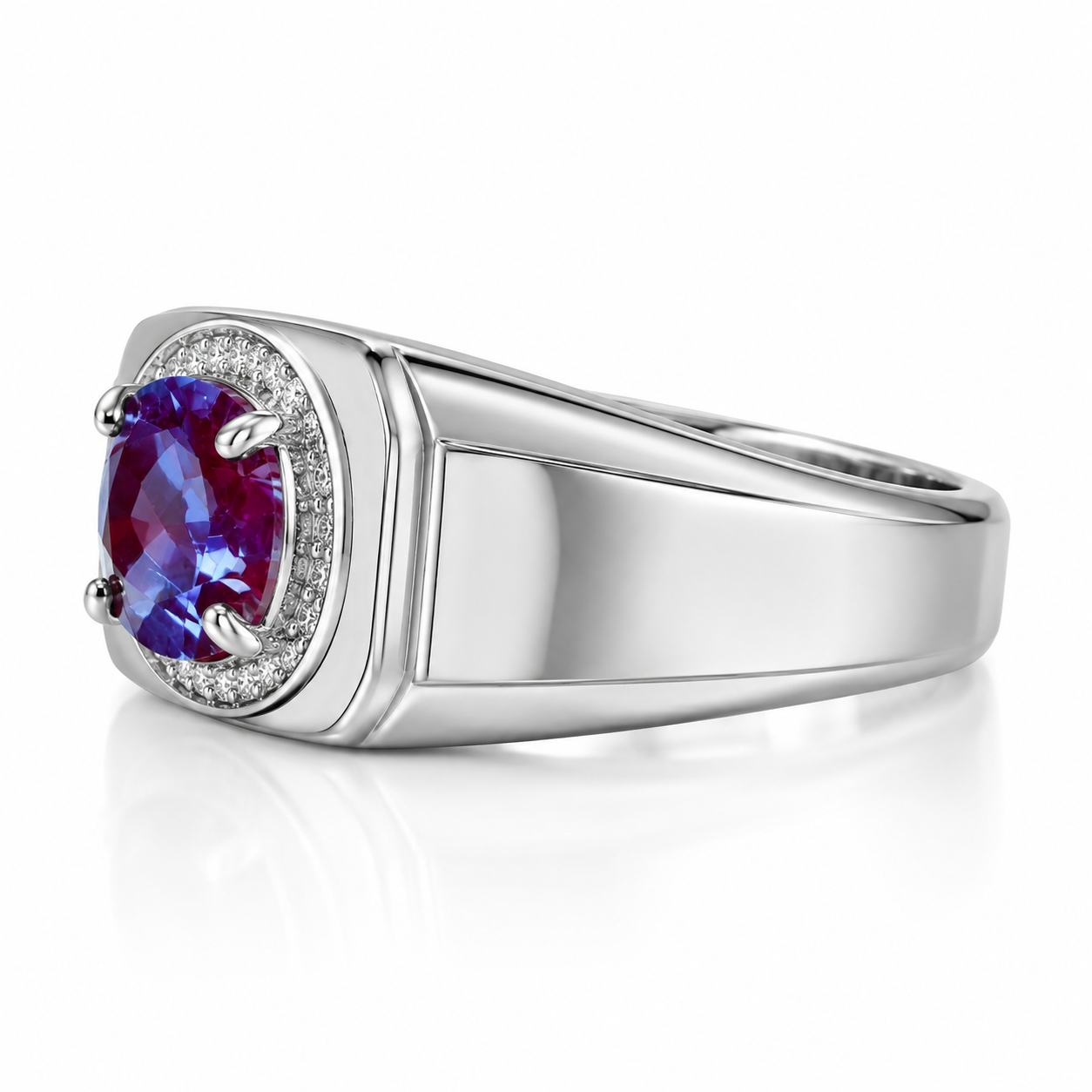 Men's 7x9mm color changing lab alexandrite statement ring side angle in sterling silver