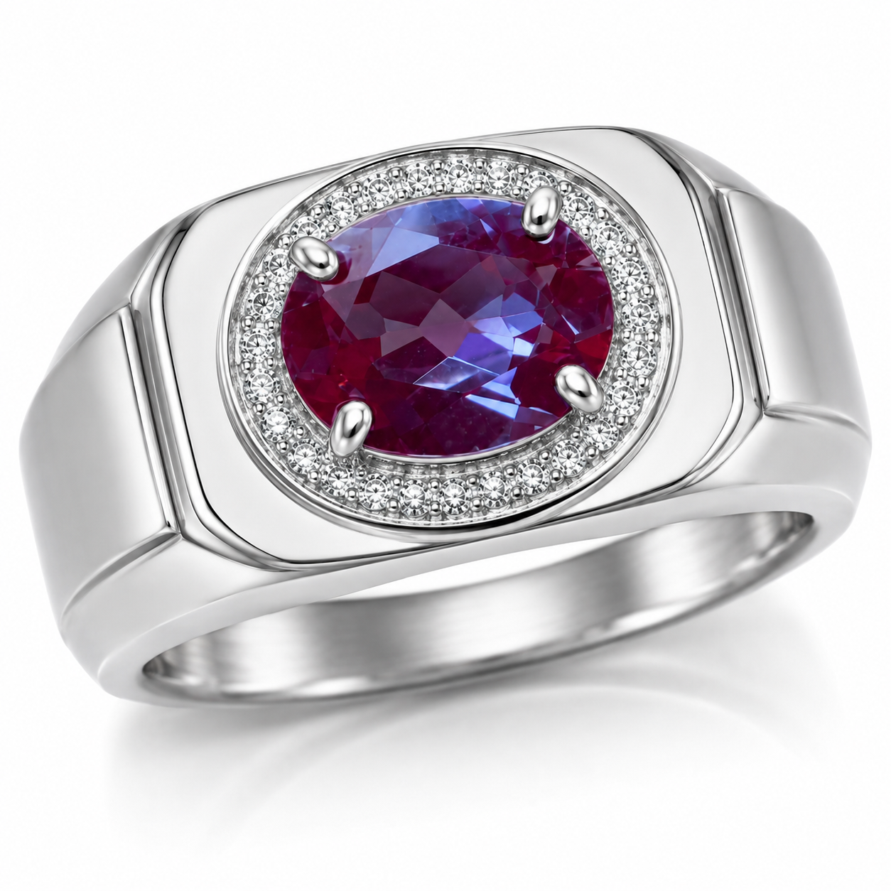 Close up macro view of 7x9mm lab alexandrite gemstone in men's sterling silver ring