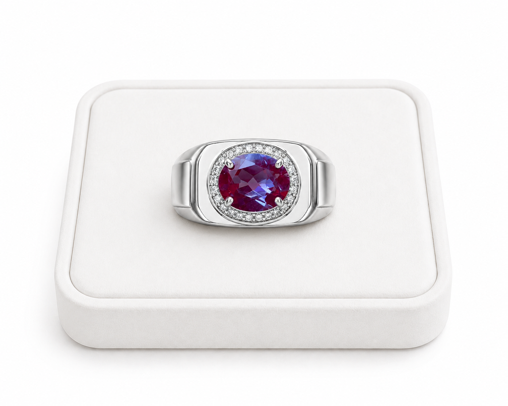 Men's 7x9mm color changing lab alexandrite ring displayed on white velvet jewelry tray