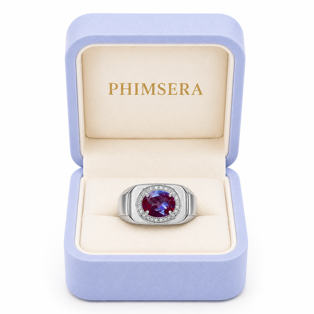 Men's 7x9mm lab alexandrite gemstone ring presented in Phimsera jewelry gift box