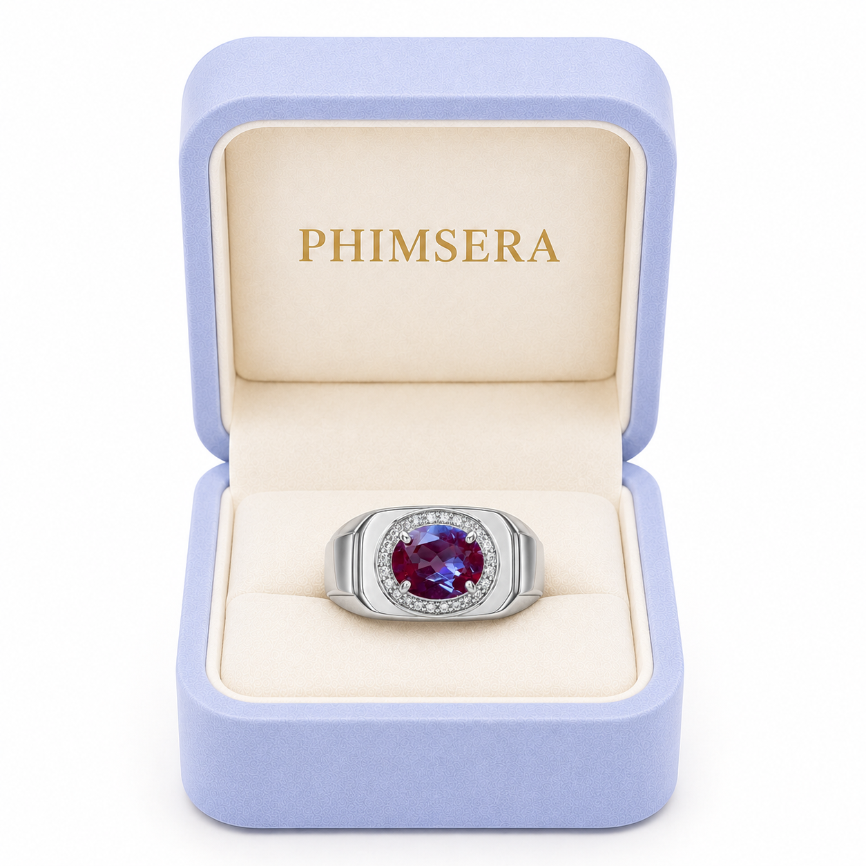 Men's 7x9mm lab alexandrite gemstone ring presented in Phimsera jewelry gift box