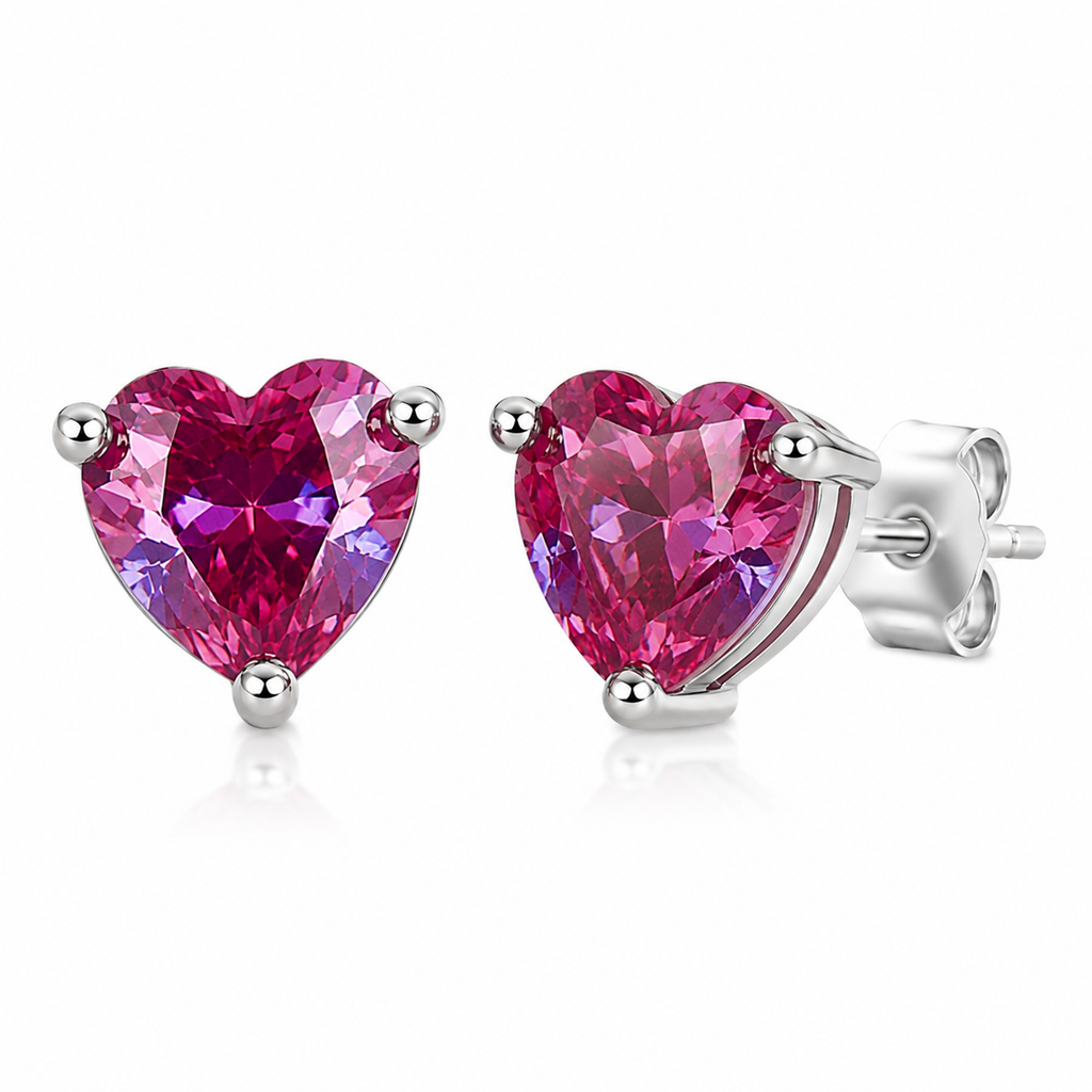 6mm Lab Alexandrite Heart Stud Earrings Front Angle Pink Purple Gemstones