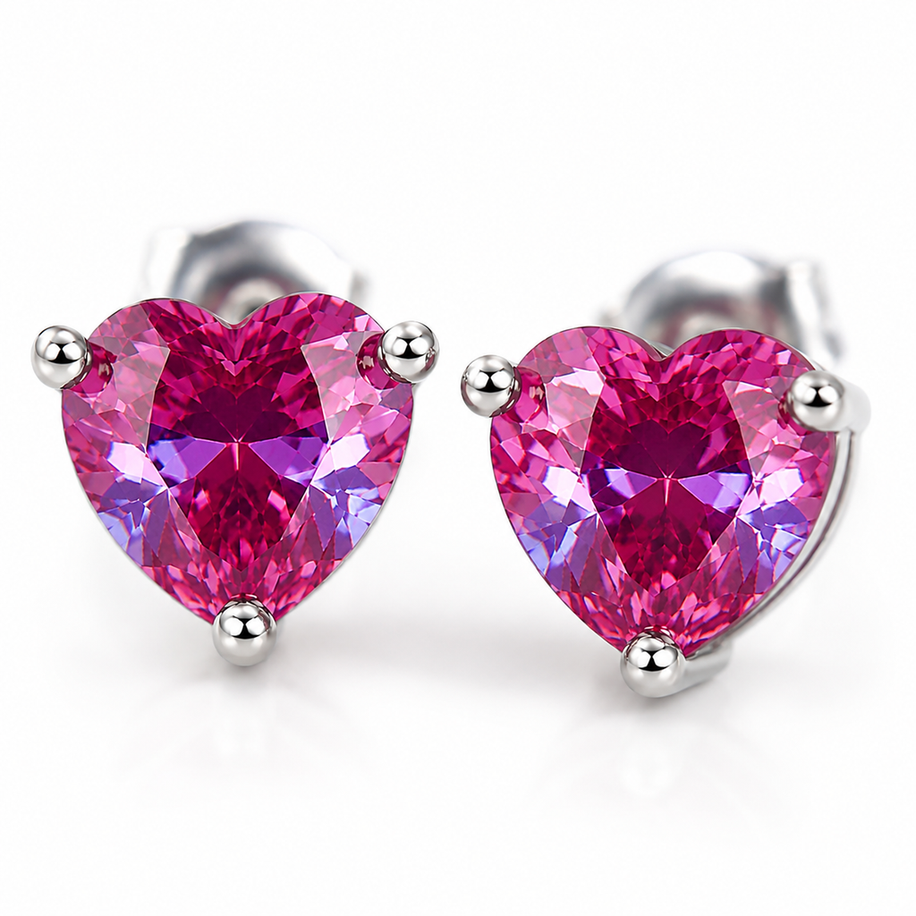 Close Up of 6mm Lab Alexandrite Heart Earrings Showing Faceted Pink Purple Gemstones