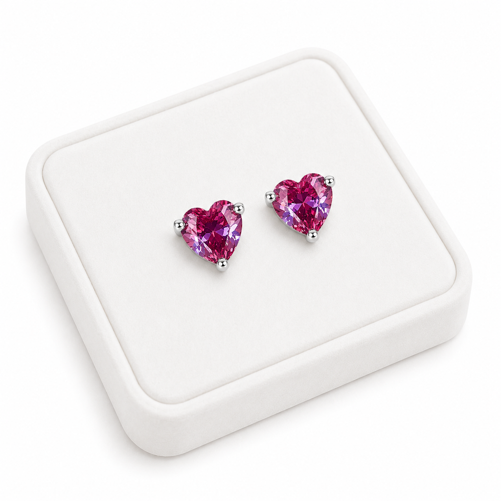 6mm Lab Alexandrite Heart Earrings Displayed on White Velvet Jewelry Tray