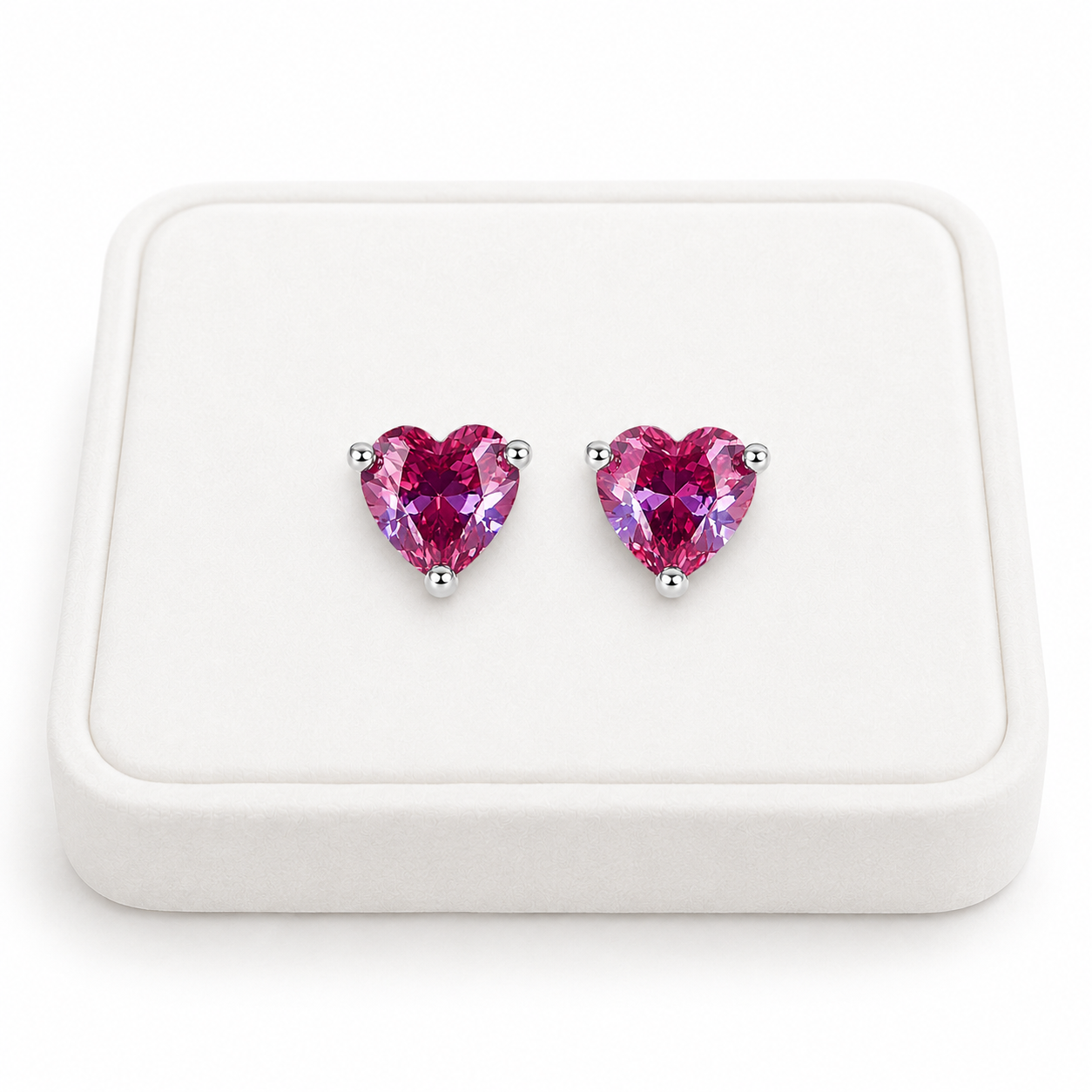 6mm Lab Alexandrite Heart Earrings Displayed on White Velvet Jewelry Tray