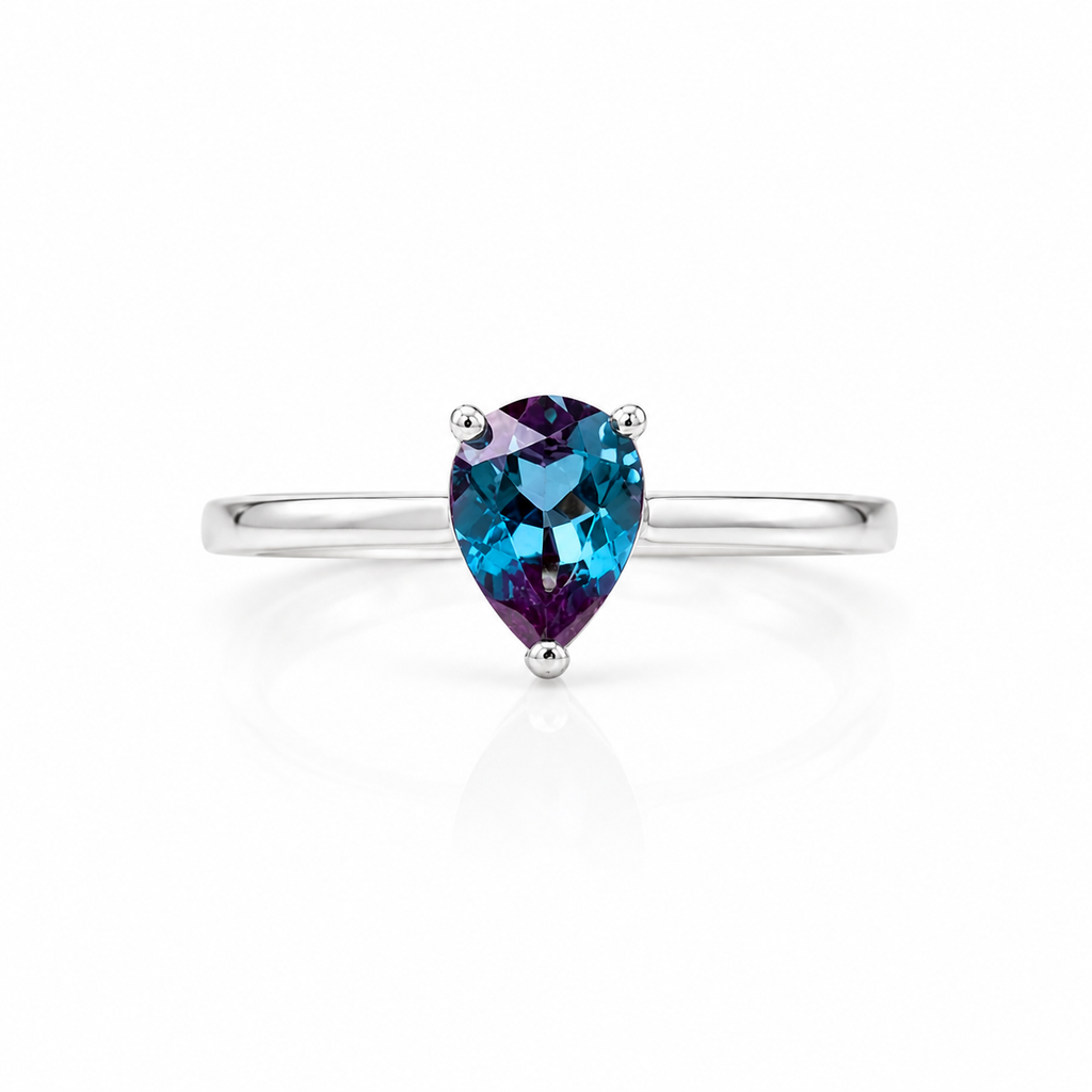 5x7mm pear cut alexandrite gemstone ring front view in sterling silver