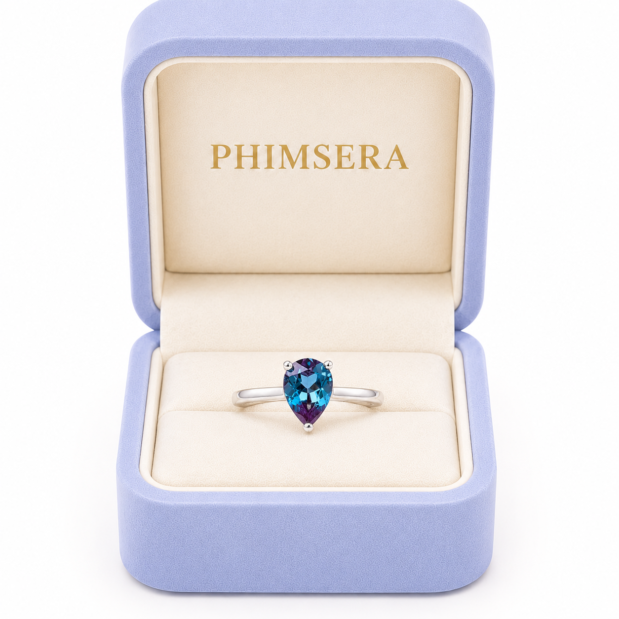 5x7mm pear cut lab alexandrite ring presented in a Phimsera jewelry box