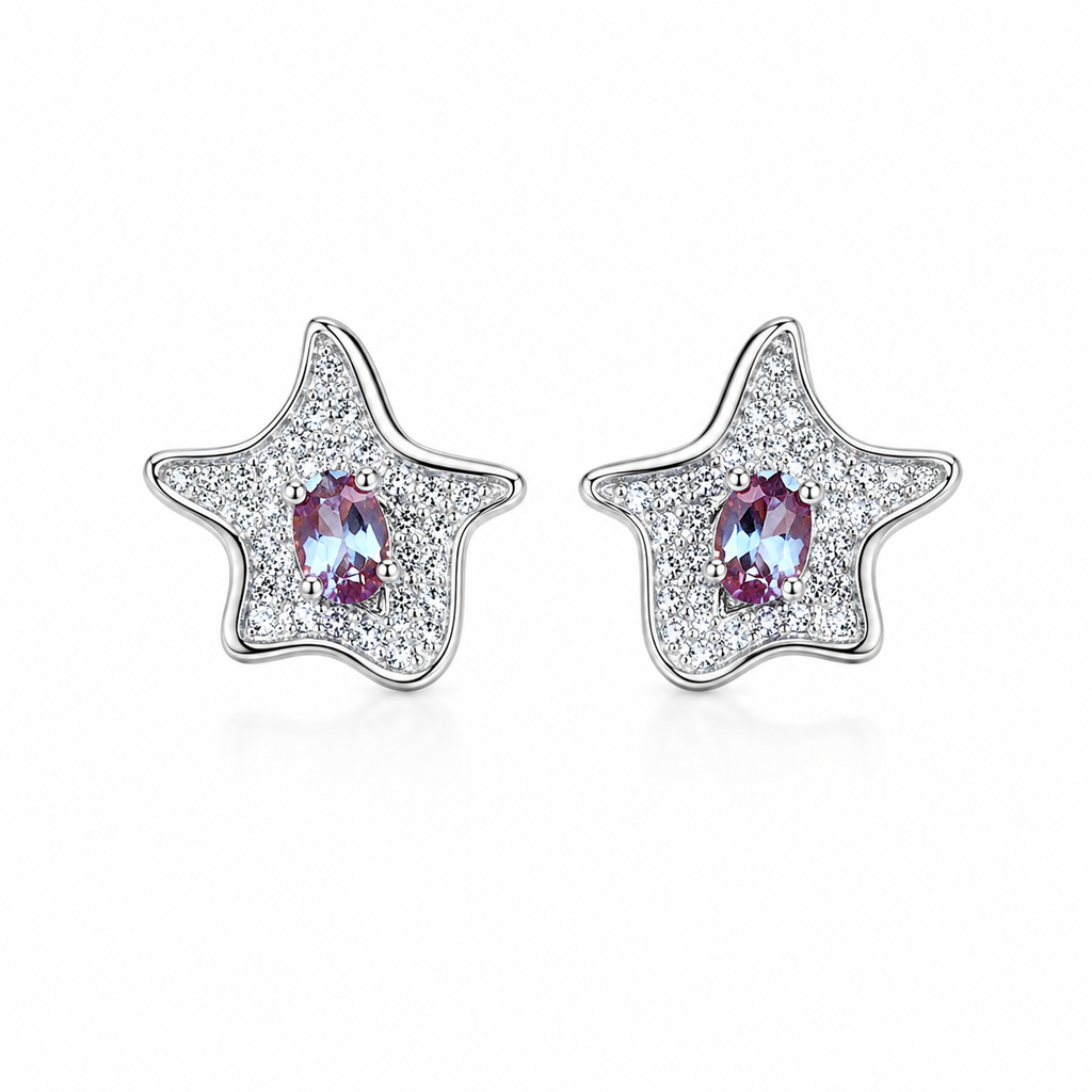 3x4mm lab-created color-changing alexandrite starfish stud earrings in 925 sterling silver on a white background