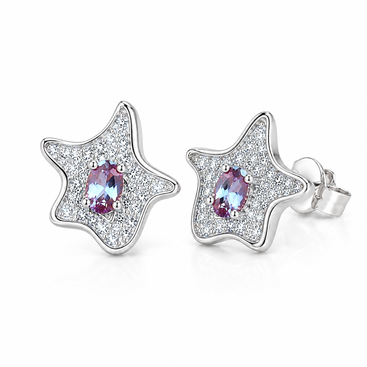 3x4mm lab-created alexandrite starfish stud earrings shown from an angled view in 925 sterling silver