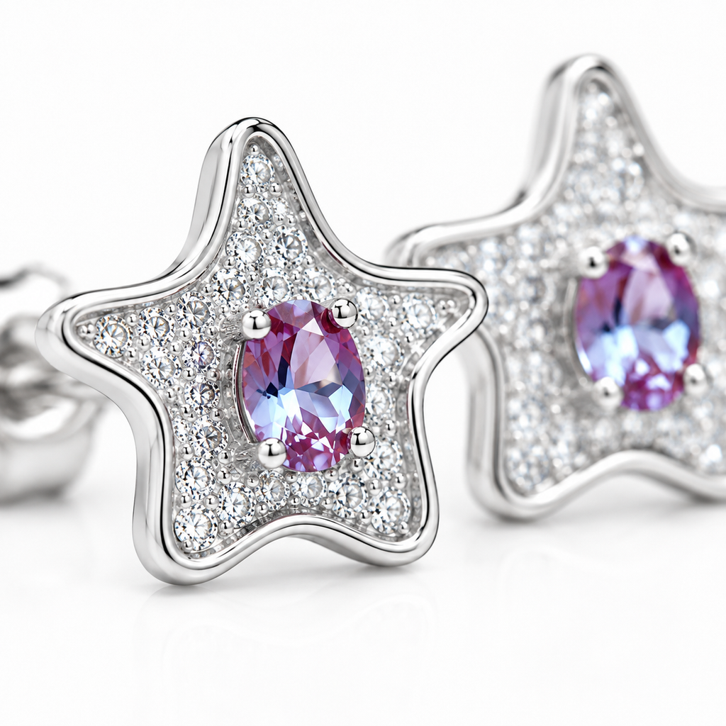 Lab Alexandrite Starfish Earrings Macro Image with a white background