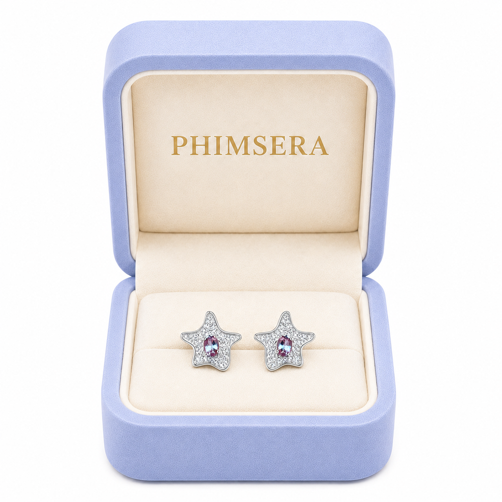 Lab Alexandrite Starfish Earrings displayed in a Phimsera Box