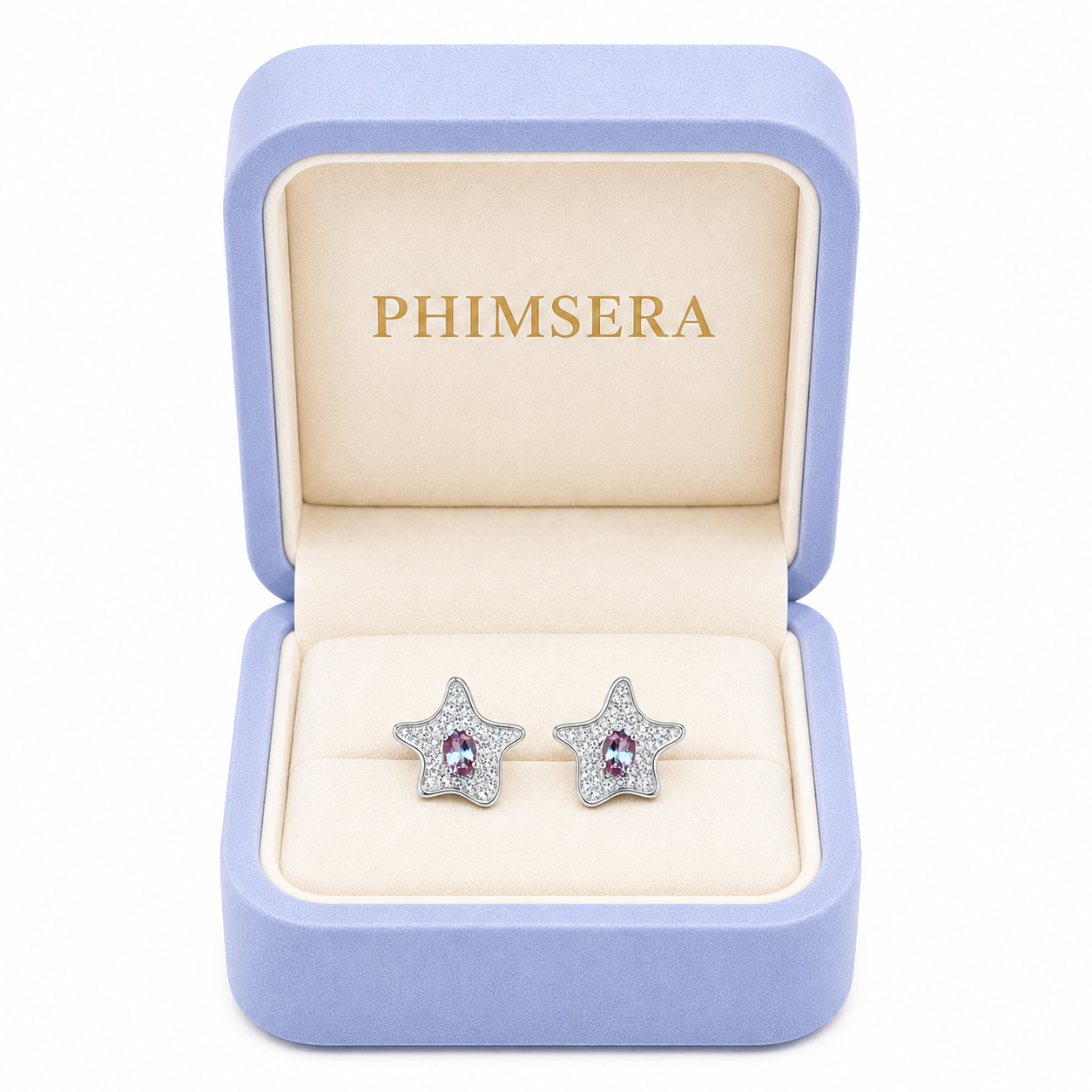 Lab Alexandrite Starfish Earrings displayed in a Phimsera Box